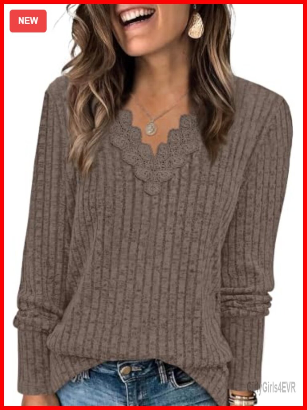 Womens Long Sleeve V Neck Lace Trim Ribbed Knit Tunic Top Dressy Casual Fall